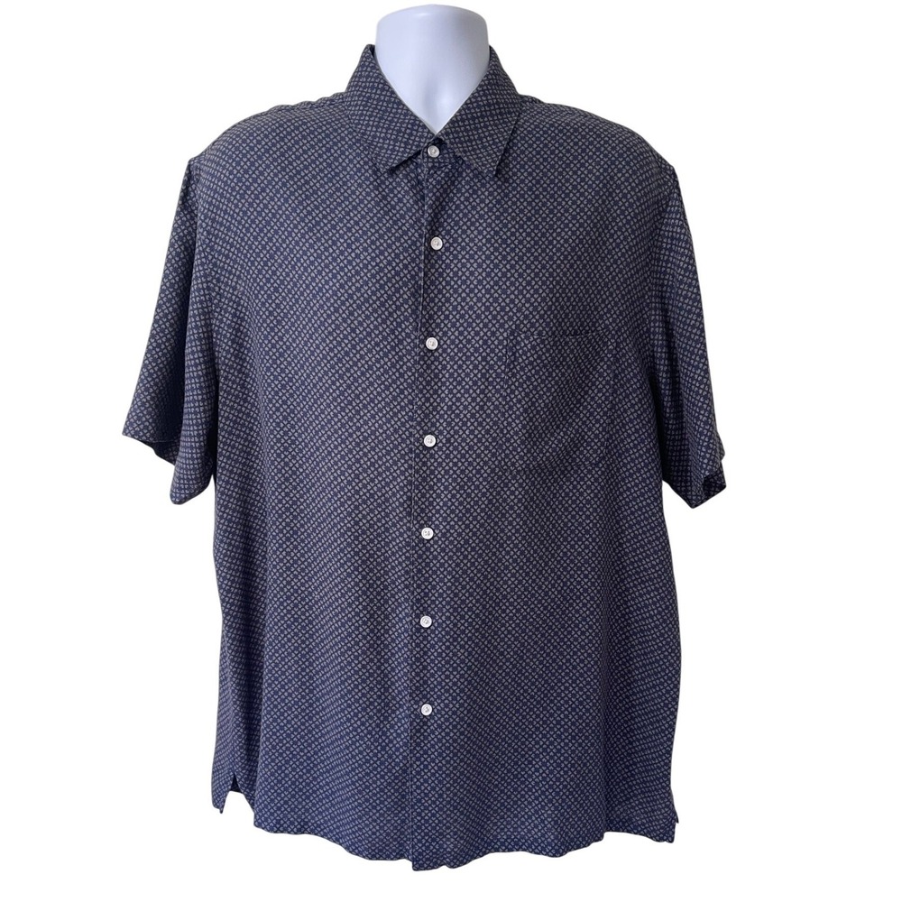 Tasso Elba Island Mens XL Silk Linenโ Short Sleeve Button Down Shirt Navy Blue